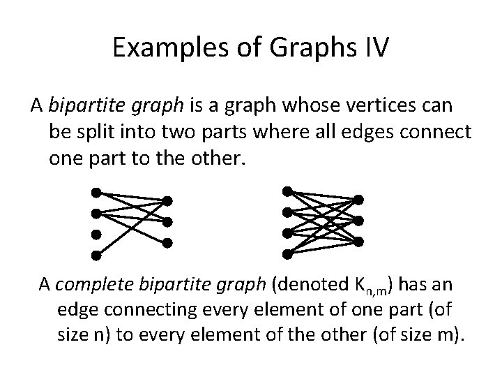 Examples of Graphs IV A bipartite graph is a graph whose vertices can be