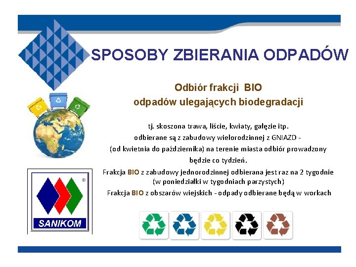 SPOSOBY ZBIERANIA ODPADÓW Odbiór frakcji BIO odpadów ulegających biodegradacji tj. skoszona trawa, liście, kwiaty,