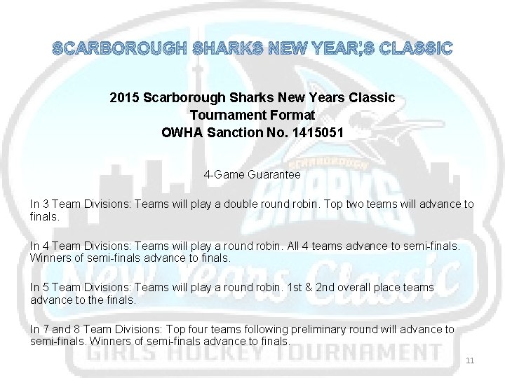 SCARBOROUGH SHARKS NEW YEAR’S CLASSIC 2015 Scarborough Sharks New Years Classic Tournament Format OWHA