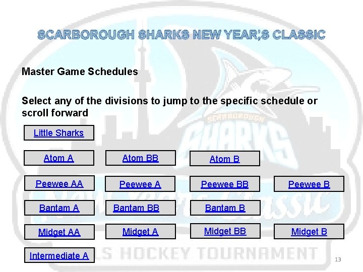 SCARBOROUGH SHARKS NEW YEAR’S CLASSIC Master Game Schedules Select any of the divisions to