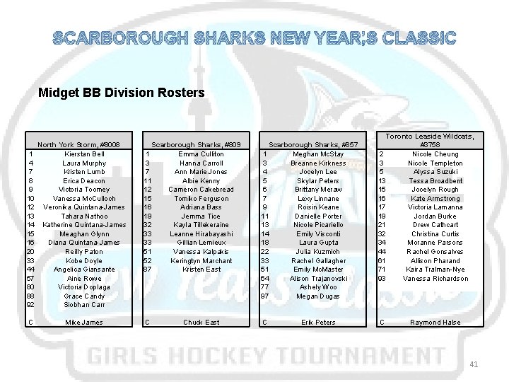 SCARBOROUGH SHARKS NEW YEAR’S CLASSIC Midget BB Division Rosters 1 4 7 8 9