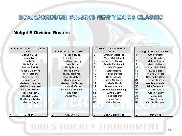 SCARBOROUGH SHARKS NEW YEAR’S CLASSIC Midget B Division Rosters Grey Highland Shooting Stars, #8724