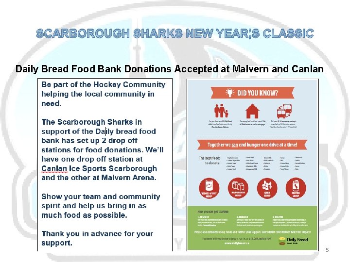 SCARBOROUGH SHARKS NEW YEAR’S CLASSIC Daily Bread Food Bank Donations Accepted at Malvern and
