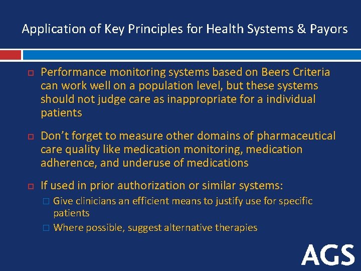 Application of Key Principles for Health Systems & Payors Performance monitoring systems based on