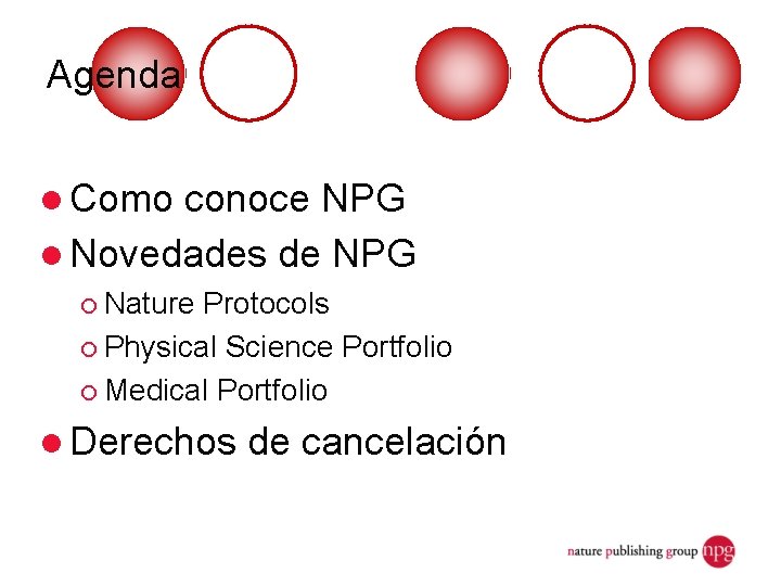 Agenda l Como conoce NPG l Novedades de NPG ¡ Nature Protocols ¡ Physical