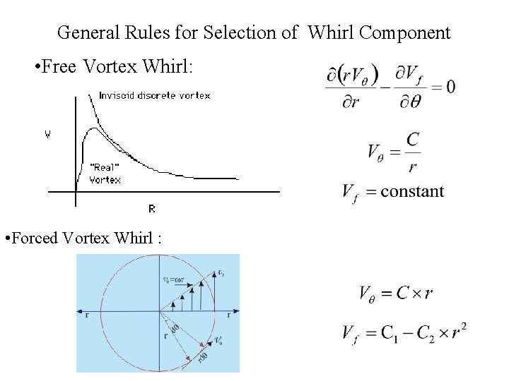 General Rules for Selection of Whirl Component • Free Vortex Whirl: • Forced Vortex