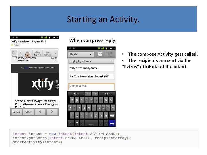 Starting an Activity. When you press reply: • The compose Activity gets called. •