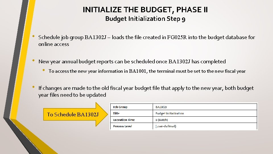 INITIALIZE THE BUDGET, PHASE II Budget Initialization Step 9 • Schedule job group BA