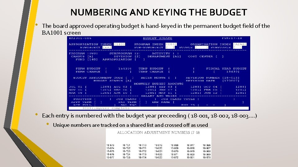 NUMBERING AND KEYING THE BUDGET • The board approved operating budget is hand-keyed in