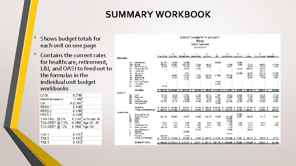 SUMMARY WORKBOOK • Shows budget totals for each unit on one page • Contains