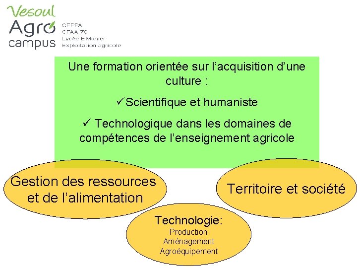 Une formation orientée sur l’acquisition d’une culture : üScientifique et humaniste ü Technologique dans
