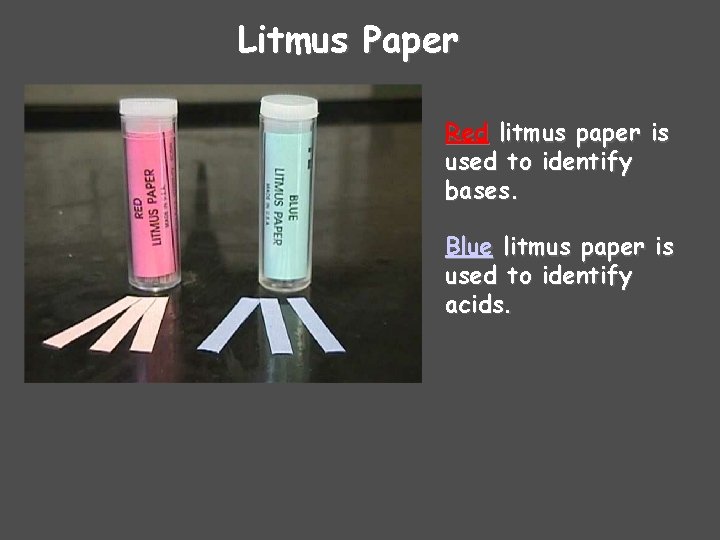 Litmus Paper Red litmus paper is used to identify bases. Blue litmus paper is