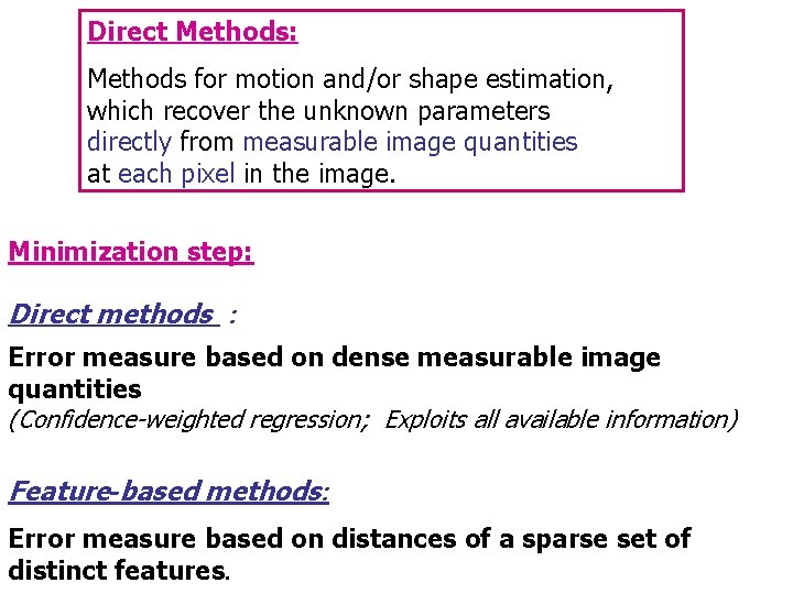 Direct Methods: Methods for motion and/or shape estimation, which recover the unknown parameters directly
