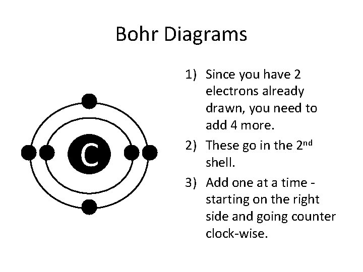 Bohr Diagrams C 1) Since you have 2 electrons already drawn, you need to