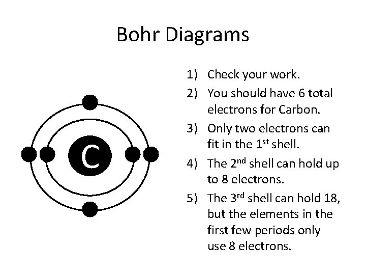 Bohr Diagrams C 1) Check your work. 2) You should have 6 total electrons