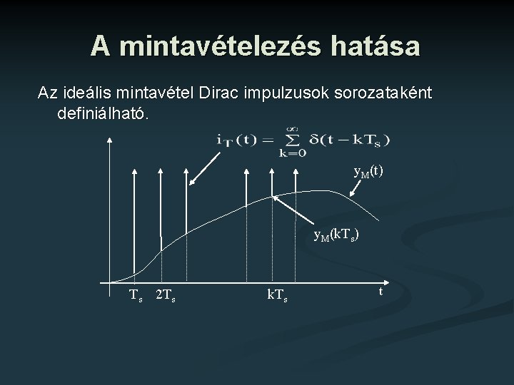 A mintavételezés hatása Az ideális mintavétel Dirac impulzusok sorozataként definiálható. y. M(t) y. M(k.