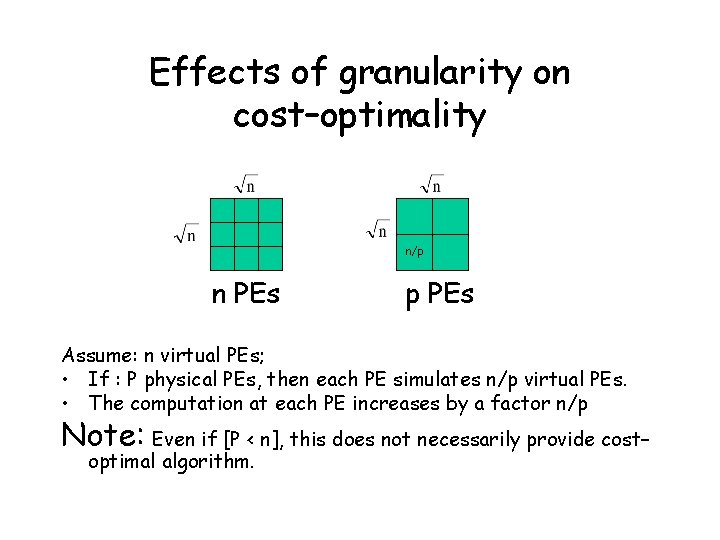 Effects of granularity on cost–optimality n/p n PEs p PEs Assume: n virtual PEs;