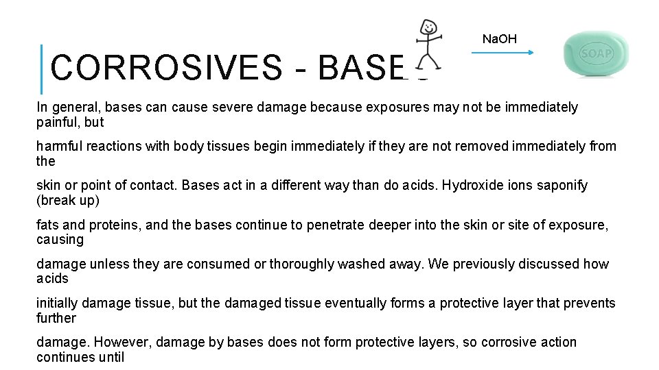 Na. OH CORROSIVES - BASES In general, bases can cause severe damage because exposures