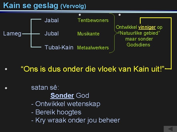 Kain se geslag (Vervolg) Jabal Lameg Jubal Tentbewoners Musikante Tubal-Kain Metaalwerkers Ontwikkel vinniger op