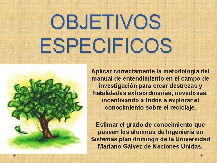 OBJETIVOS ESPECIFICOS Aplicar correctamente la metodología del manual de entendimiento en el campo de