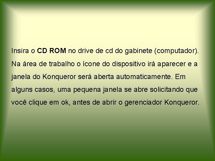 Insira o CD ROM no drive de cd do gabinete (computador). Na área de