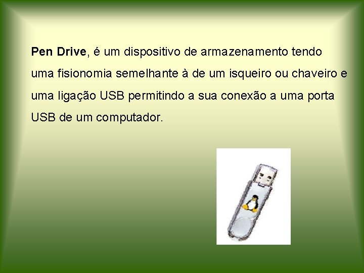 Pen Drive, é um dispositivo de armazenamento tendo uma fisionomia semelhante à de um