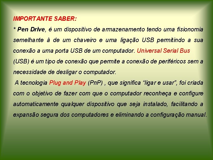 IMPORTANTE SABER: * Pen Drive, é um dispositivo de armazenamento tendo uma fisionomia semelhante