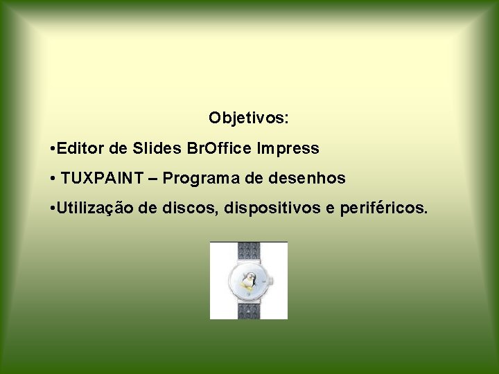 Objetivos: • Editor de Slides Br. Office Impress • TUXPAINT – Programa de desenhos