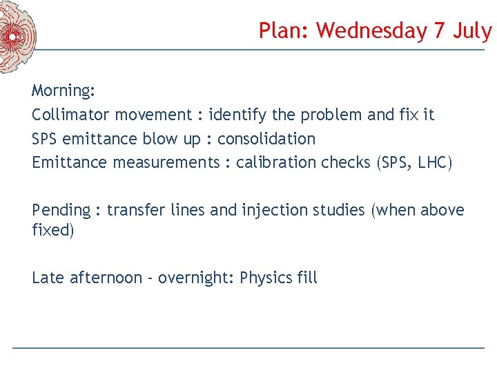 Plan: Wednesday 7 July Morning: Collimator movement : identify the problem and fix it