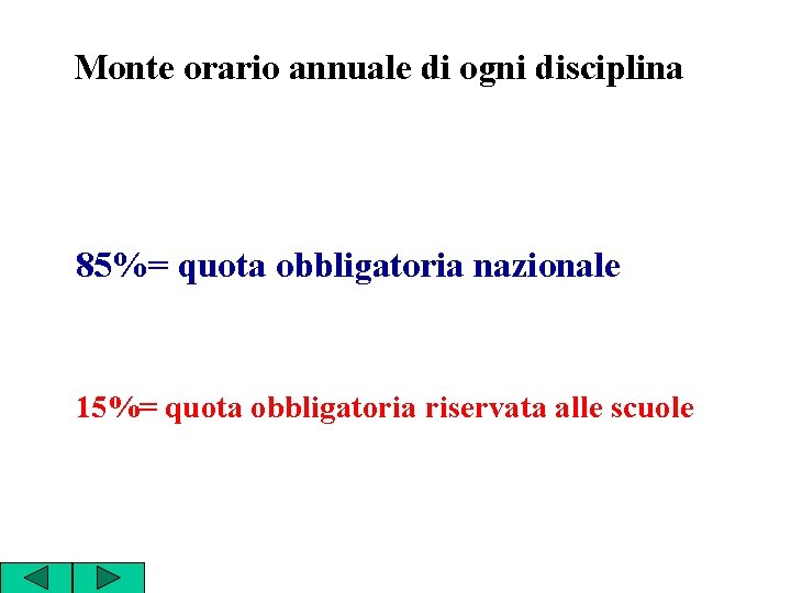 Monte orario annuale di ogni disciplina 85%= quota obbligatoria nazionale 15%= quota obbligatoria riservata