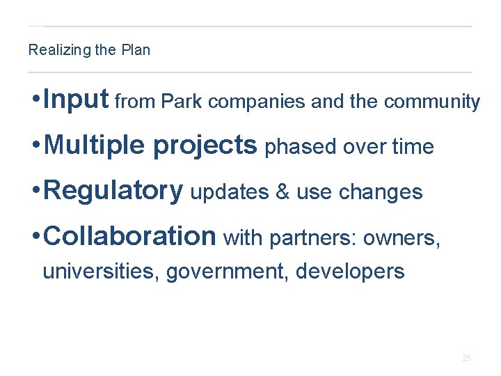 Realizing the Plan • Input from Park companies and the community • Multiple projects
