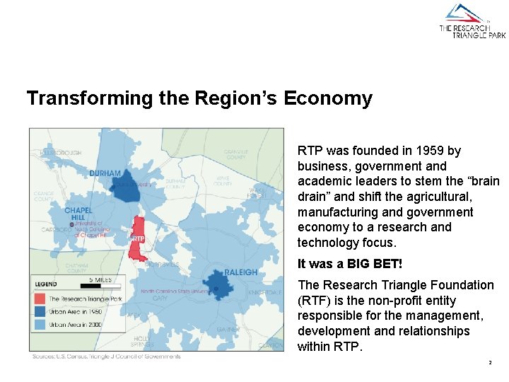 Transforming the Region’s Economy RTP was founded in 1959 by business, government and academic