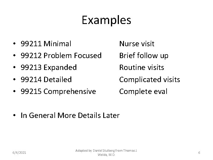 Examples • • • 99211 Minimal 99212 Problem Focused 99213 Expanded 99214 Detailed 99215