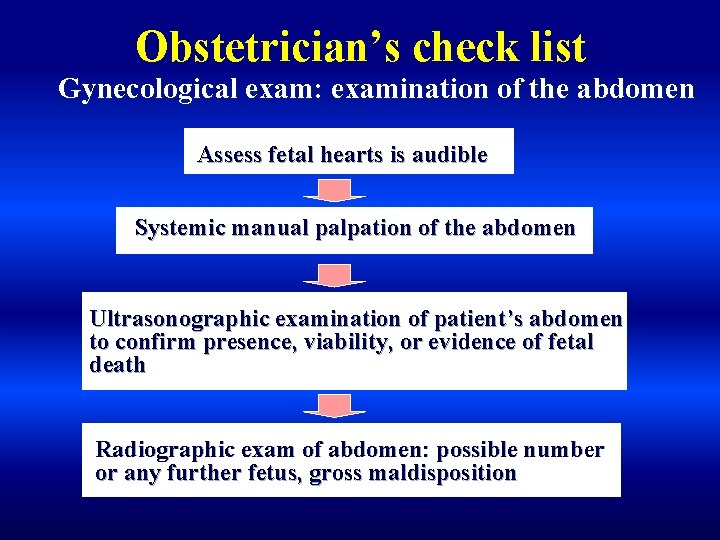 Obstetrician’s check list Gynecological exam: examination of the abdomen Assess fetal hearts is audible