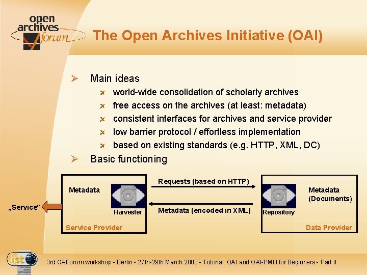 The Open Archives Initiative (OAI) Ø Main ideas world-wide consolidation of scholarly archives free