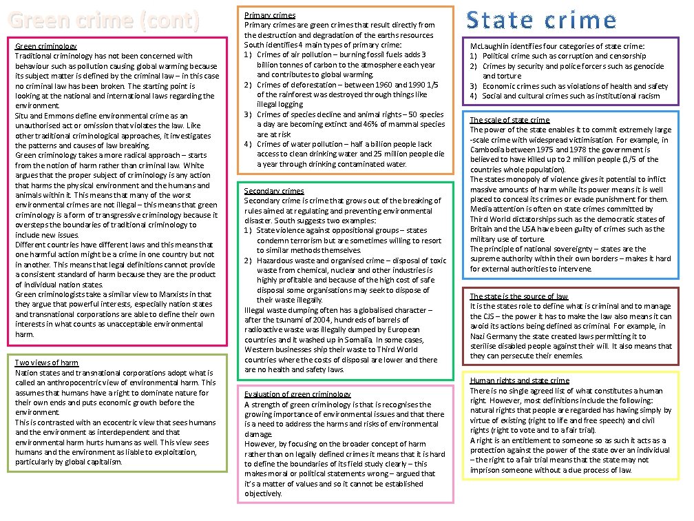Green crime (cont) Green criminology Traditional criminology has not been concerned with behaviour such