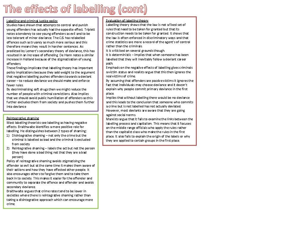 The effects of labelling (cont) Labelling and criminal justice policy Studies have shown that