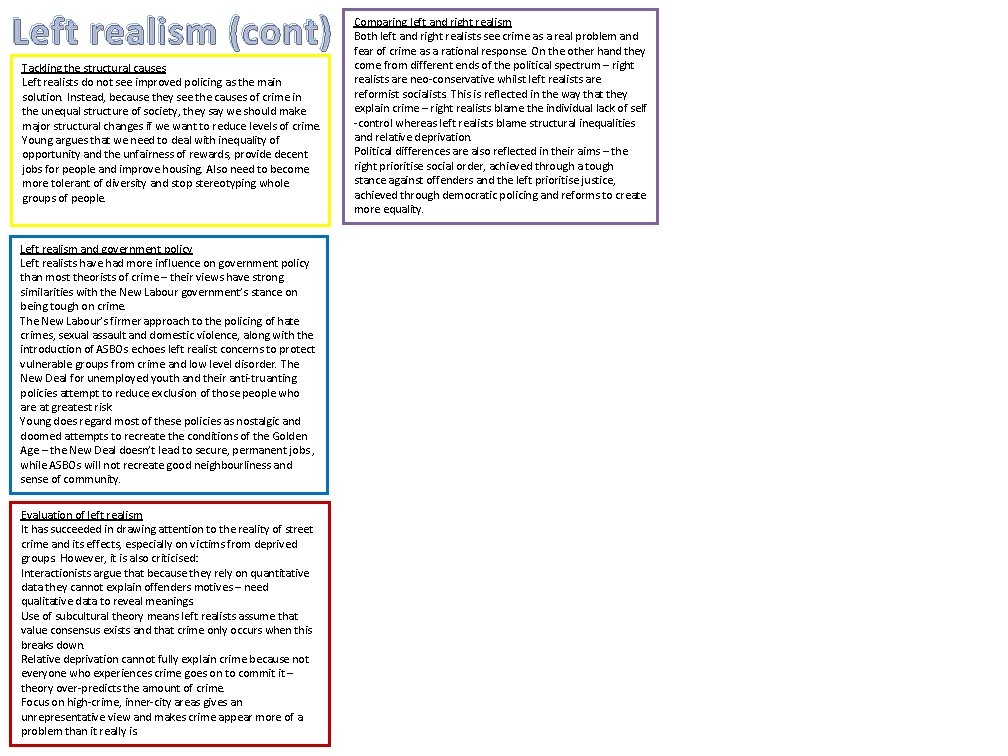 Left realism (cont) Tackling the structural causes Left realists do not see improved policing