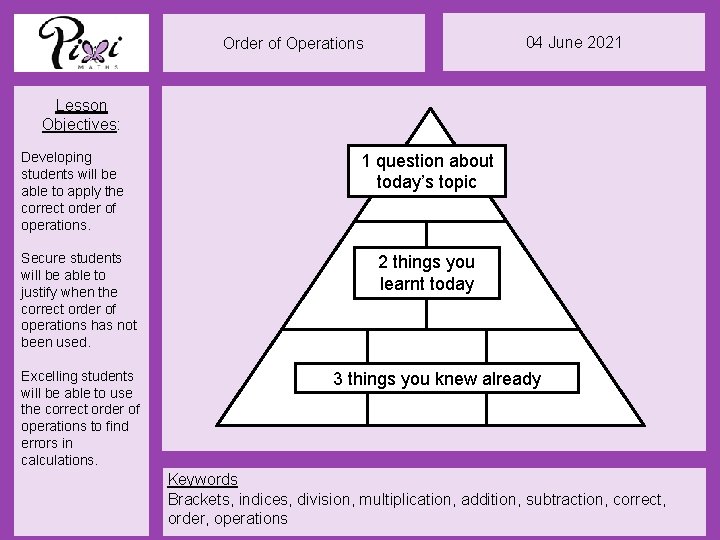 04 June 2021 Order of Operations Lesson Objectives: Developing students will be able to