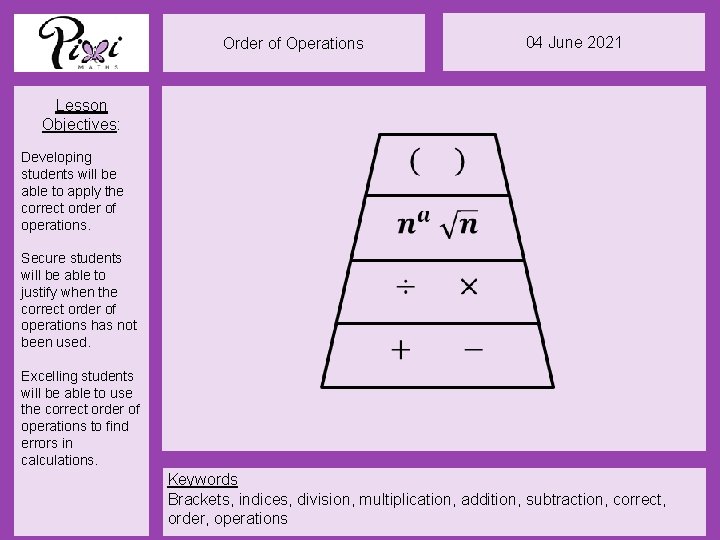 Order of Operations 04 June 2021 Lesson Objectives: Developing students will be able to