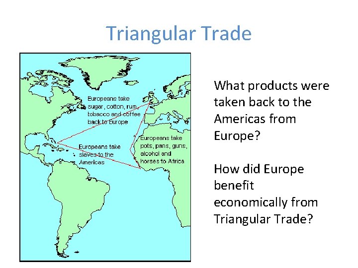 Triangular Trade What products were taken back to the Americas from Europe? How did