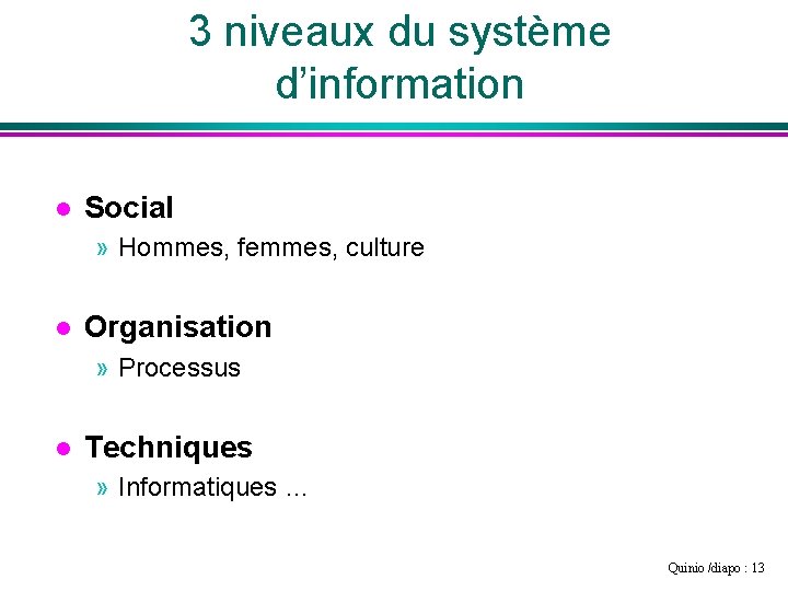 3 niveaux du système d’information l Social » Hommes, femmes, culture l Organisation »