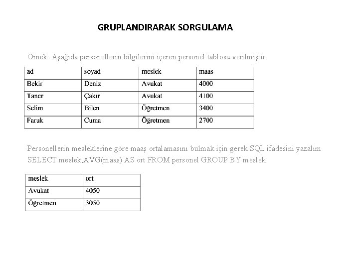 GRUPLANDIRARAK SORGULAMA Örnek: Aşağıda personellerin bilgilerini içeren personel tablosu verilmiştir. Personellerin mesleklerine göre maaş