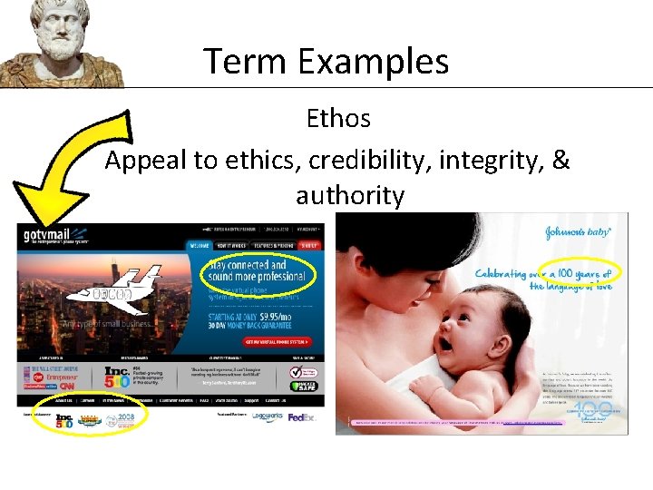 Term Examples Ethos Appeal to ethics, credibility, integrity, & authority 
