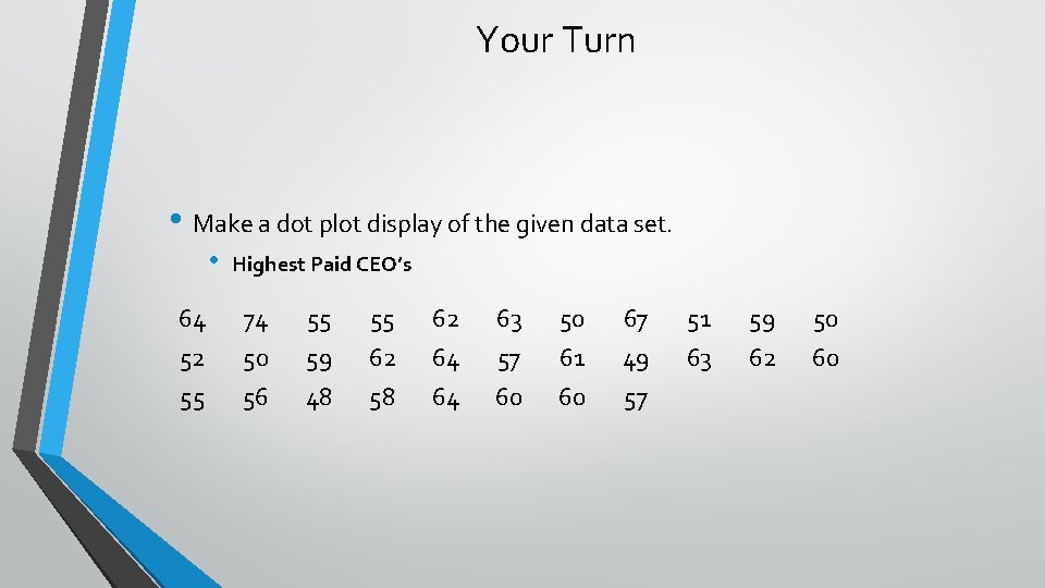 Your Turn • Make a dot plot display of the given data set. •