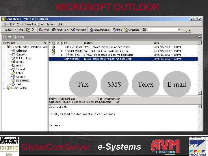 MICROSOFT OUTLOOK Fax SMS Telex Global. Com. Server e-Systems E-mail 