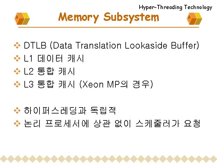 Hyper-Threading Technology Memory Subsystem v DTLB (Data Translation Lookaside Buffer) v L 1 데이터