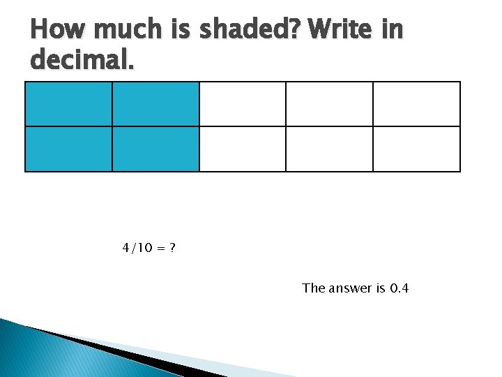 How much is shaded? Write in decimal. 4/10 = ? The answer is 0.