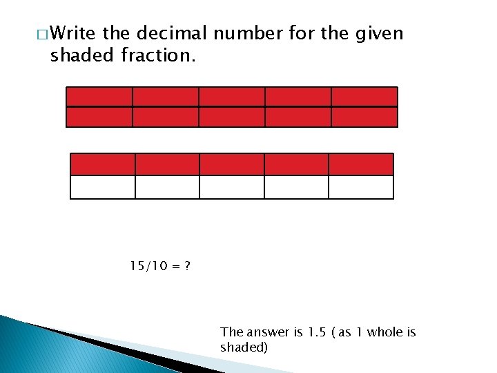 � Write the decimal number for the given shaded fraction. 15/10 = ? The