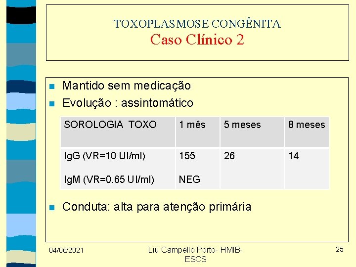 TOXOPLASMOSE CONGÊNITA Caso Clínico 2 Mantido sem medicação Evolução : assintomático SOROLOGIA TOXO 1